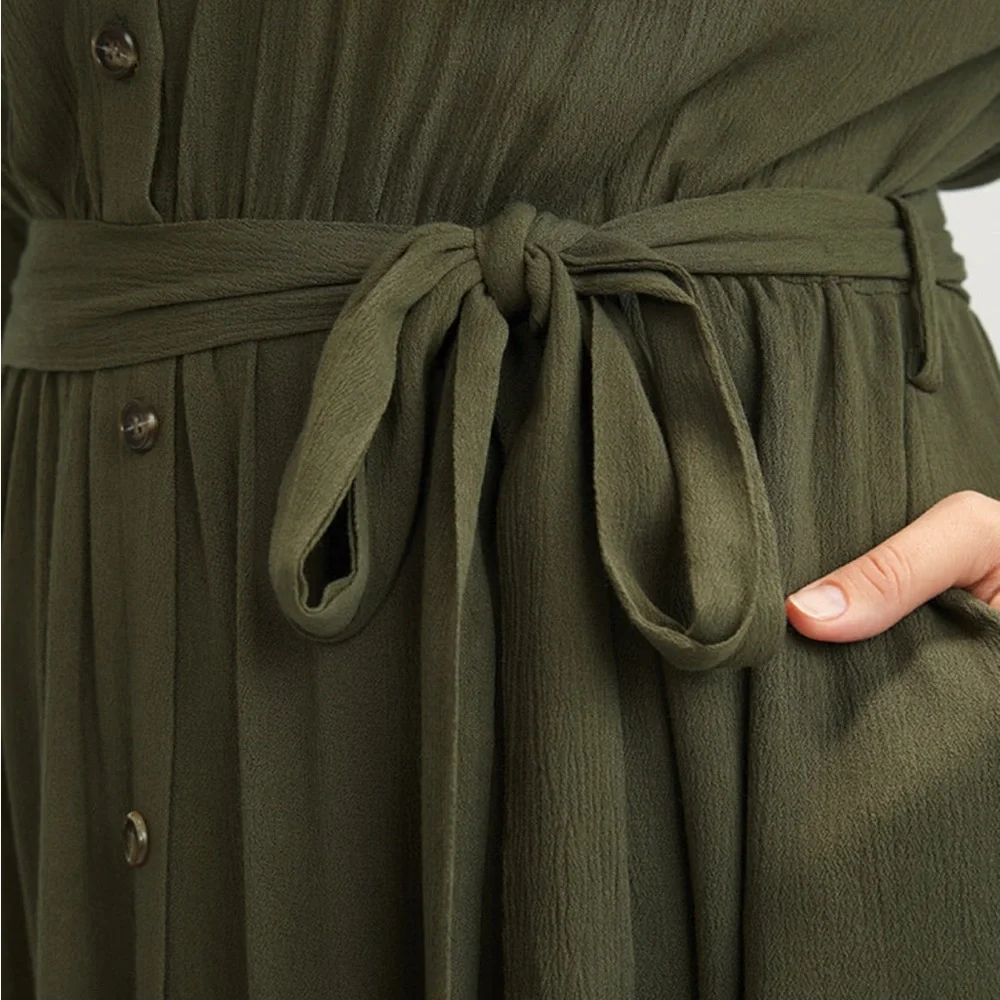 Solid Button Pocket Shirt Collar Belted Maxi Dress - Picture 3 of 4